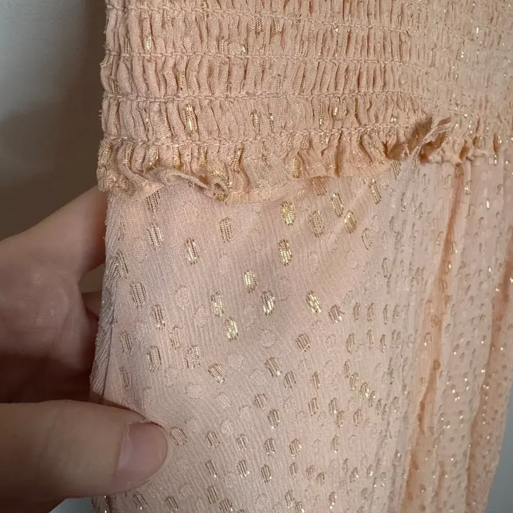 A.L.C. Kaia Halter Neck Blush Smocked Silk Metallic Midi Dress Size 8 NWT - Picture 4 of 10